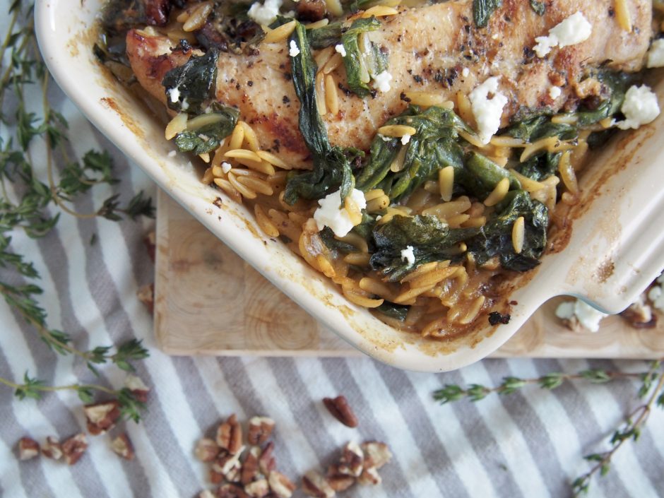 goat cheese chicken orzo with toasted pecans | forks in the road